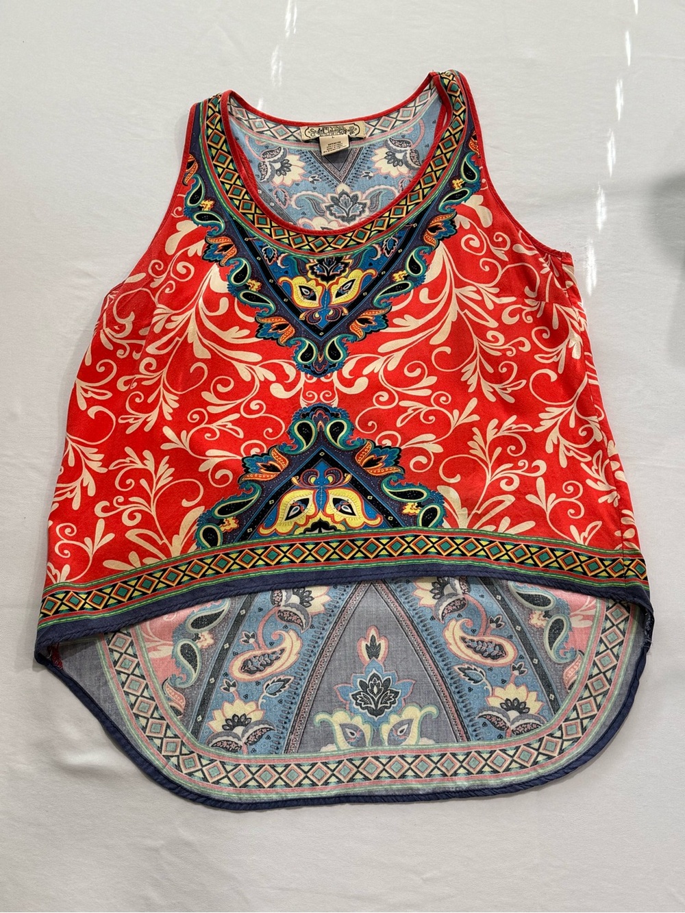 Flying Tomato Sleeveless Rayon Red Printed Tank Top with Paisley Border